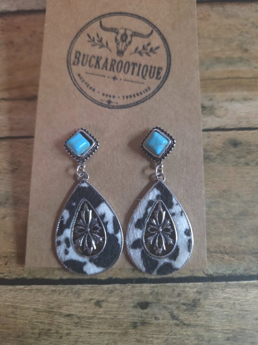 Cowhide Teardrop Earrings Turquoise Western Cowgirl Rodeo Dangle Jewelry